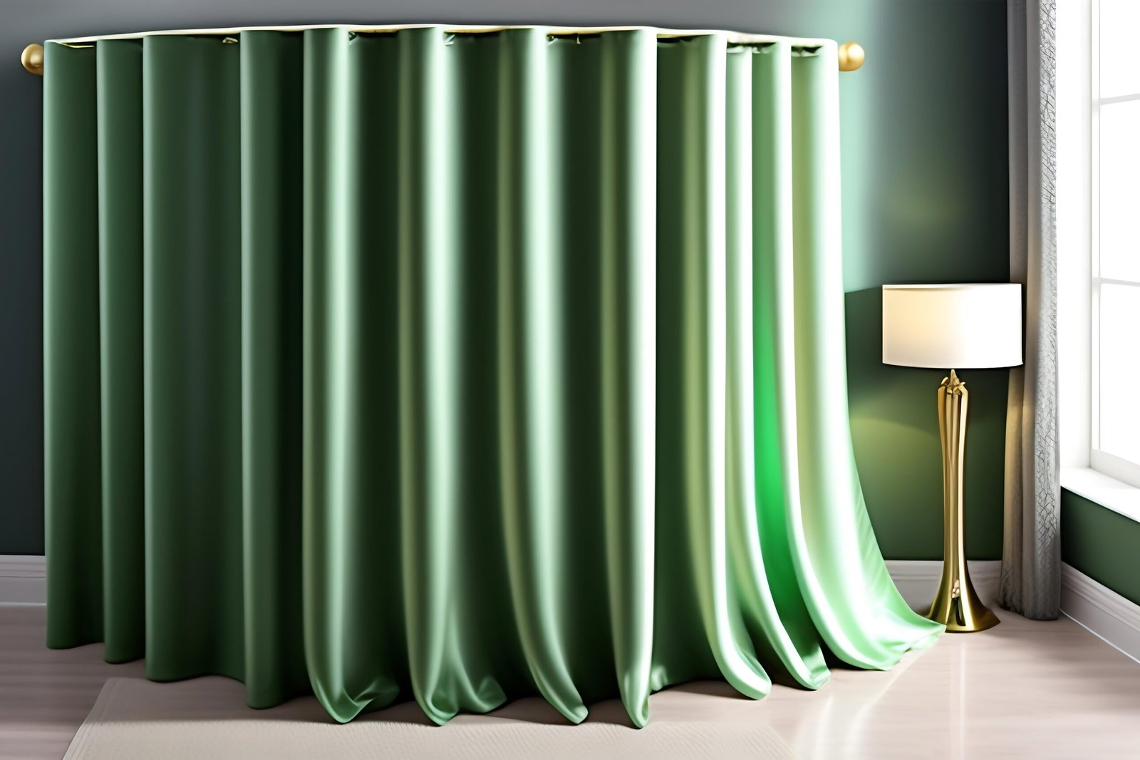 empty-modern-glossy-sage-green-round-podium-side-table-soft-white-blowing-drapery-curtain-drapes