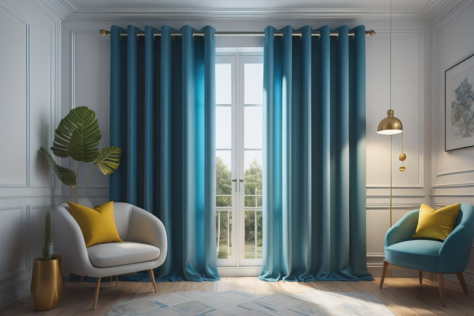 Interior of modern living room with window and colorful curtains. ai generative