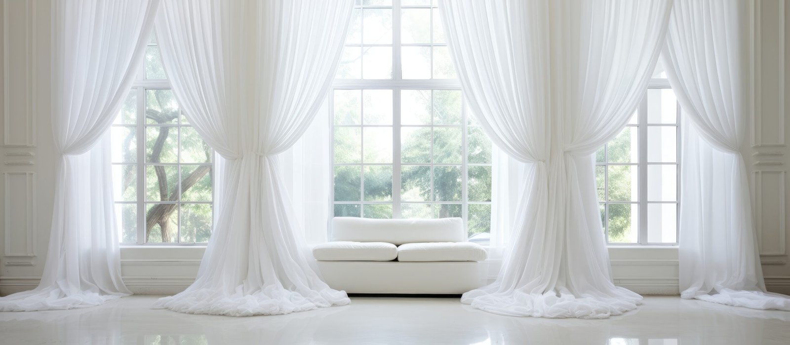 Interior room decorated with white curtain windows
