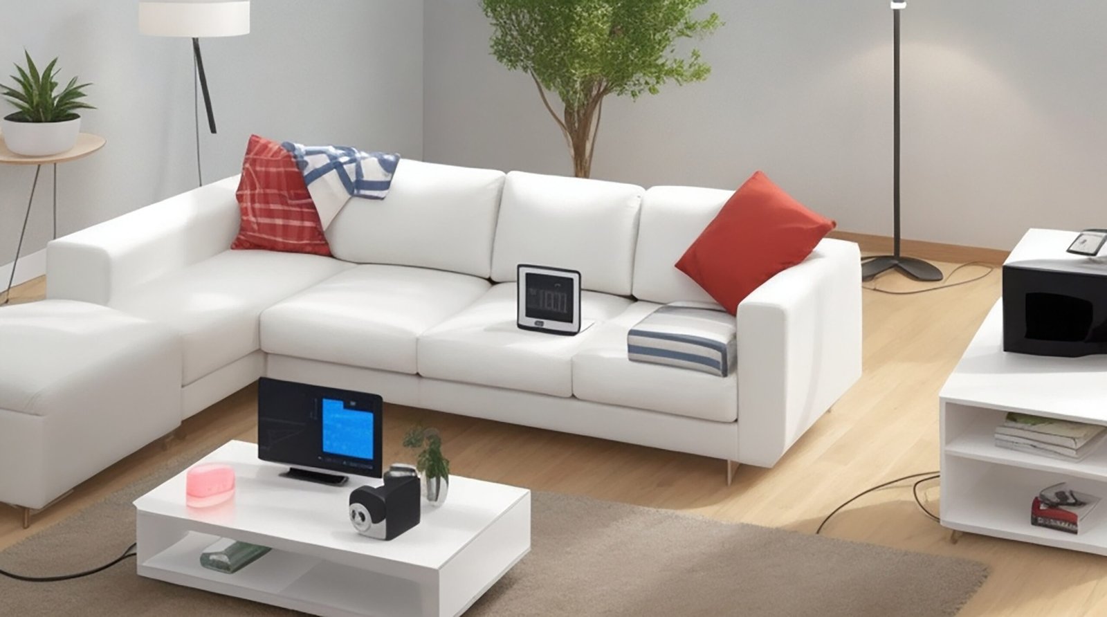 A living room with furniture that charges your devices wirelessly