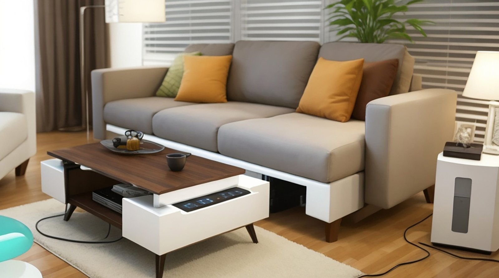 A living room with furniture that charges your devices wirelessly