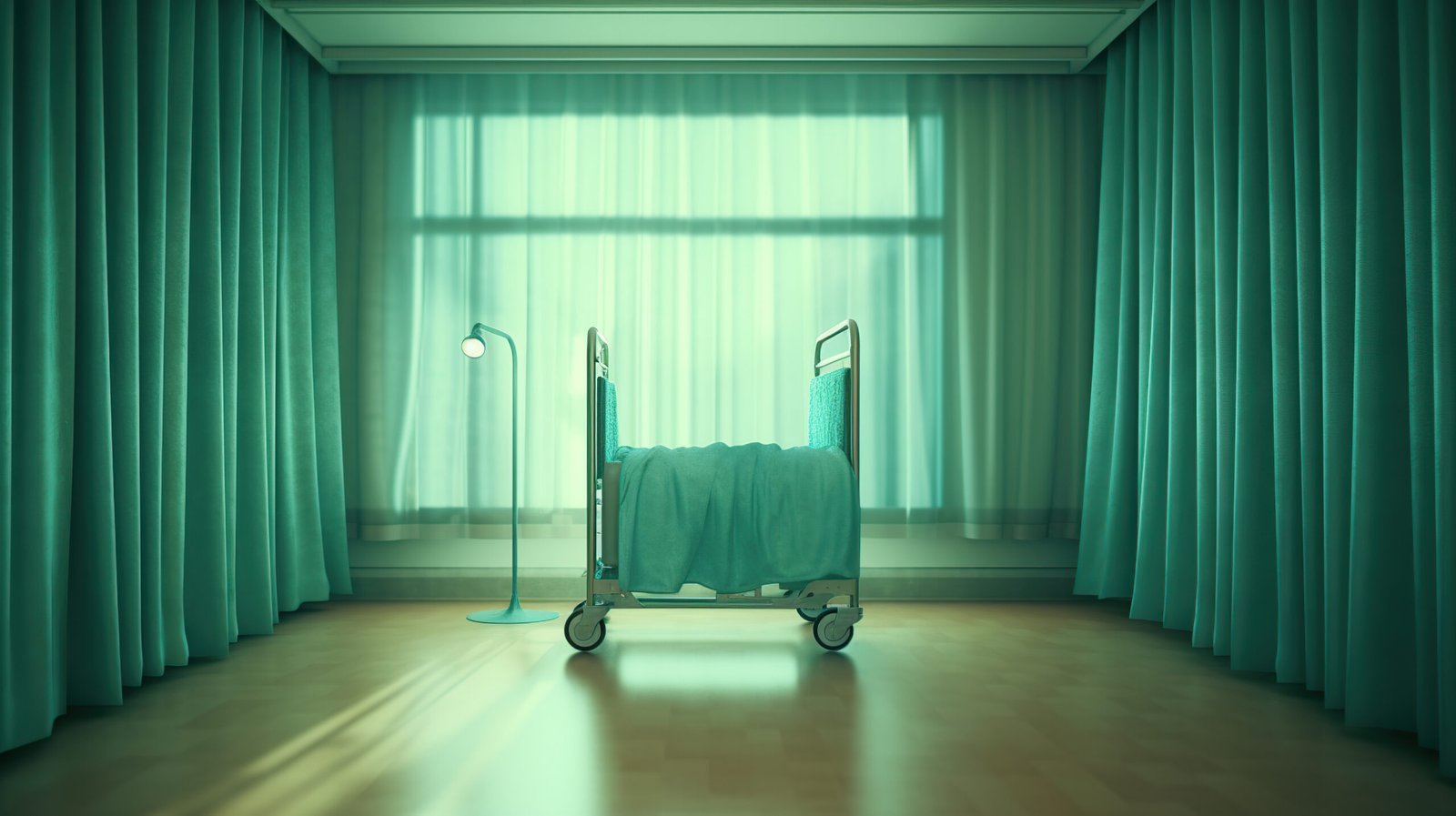 Wheeled Bed Behind Privacy Curtains in a Medical Clinic Generative AI