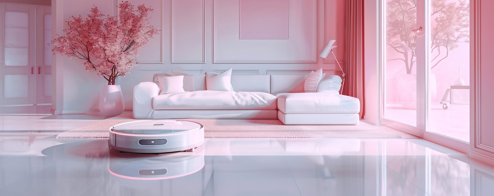 Pink color. A realistic, advertising photograph set in a sophisticated, elegant, and clean modern living room, predominantly white, where an autonomous, circular, flat, and very modern vacuum cleaner is in operation. The vacuum cleaner features neon accents. The room is immaculate. A technologically advanced vacuum --ar 5:2 --style raw --v 6 Job ID: ec4efa65-1d32-4640-845b-d5c5603ca17f