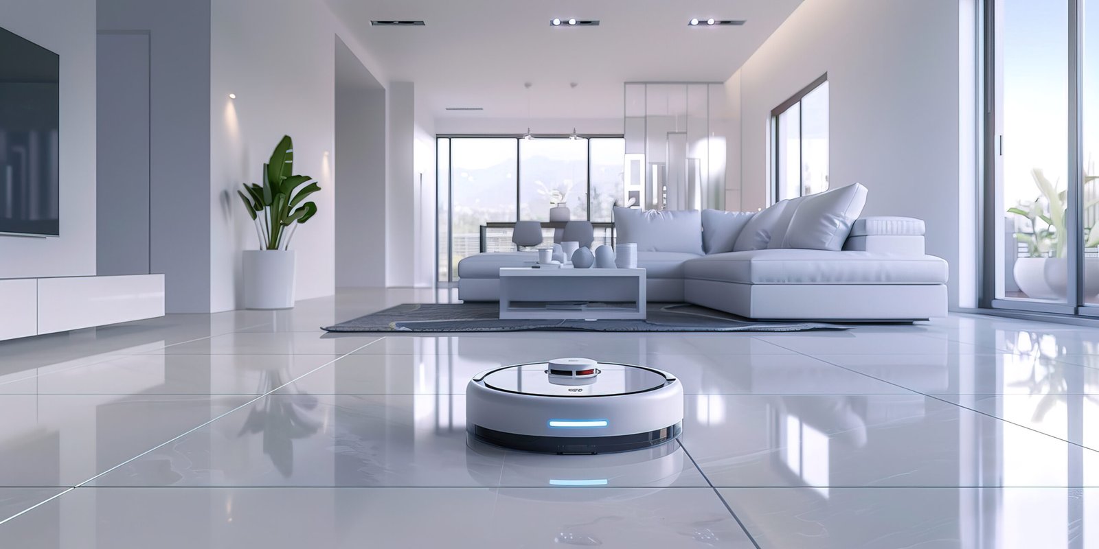 A realistic, advertising photograph set in a sophisticated, elegant, and clean modern living room, predominantly white, where an autonomous, circular, flat, and very modern vacuum cleaner is in operation. The vacuum cleaner features neon accents. The room is immaculate. A technologically advanced vacuum --ar 2:1 --style raw --v 6 Job ID: 4c315970-2879-41dd-8deb-01a5ed1df246