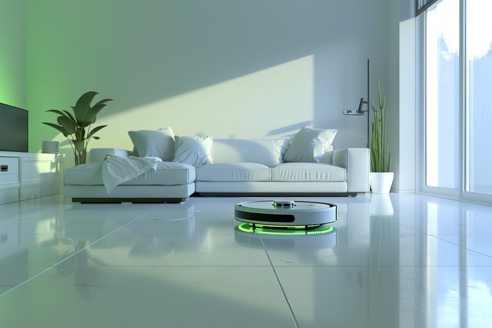 green color. A realistic, advertising photograph set in a sophisticated, elegant, and clean modern living room, predominantly white, where an autonomous, circular, flat, and very modern vacuum cleaner is in operation. The vacuum cleaner features neon accents. The room is immaculate. A technologically advanced vacuum --ar 3:2 --style raw --v 6 Job ID: b6288722-451d-4e84-a53c-8409bbf20324