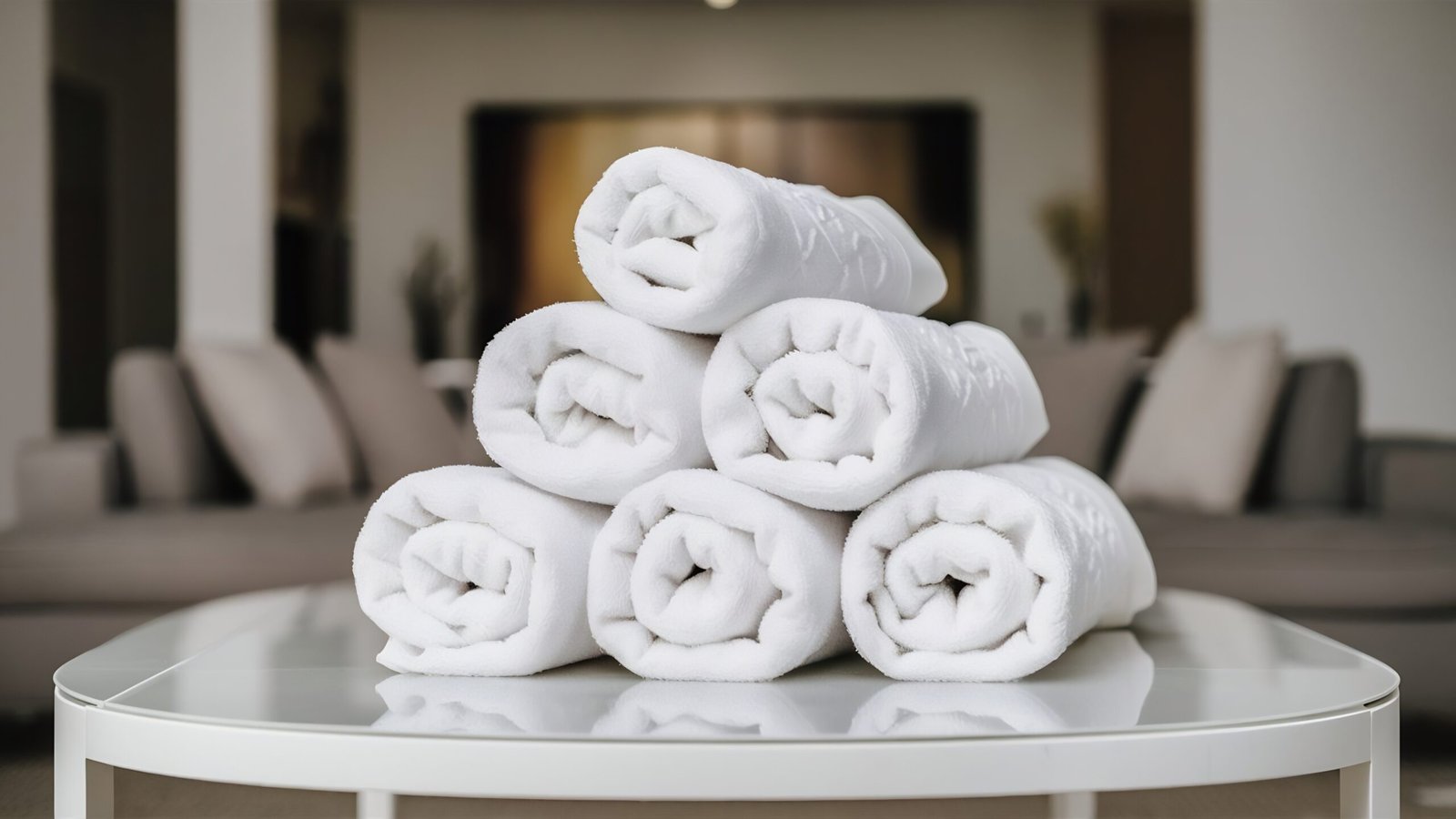 roll-up-white-towels-white-table-with-copy-space-blurred-living-room-background