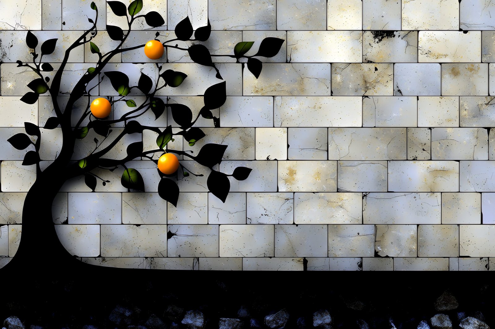 silhouette-tree-with-oranges-growing-brick-wall