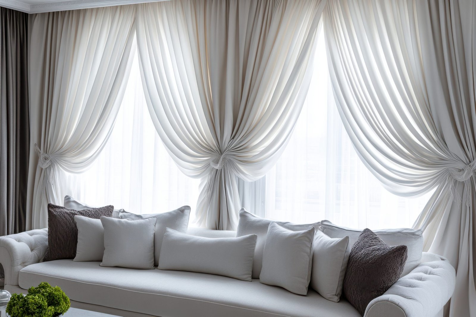 Stylish White Living Room Showcasing Bold Sculptural Drapes Perfect for Interior Design Inspiration