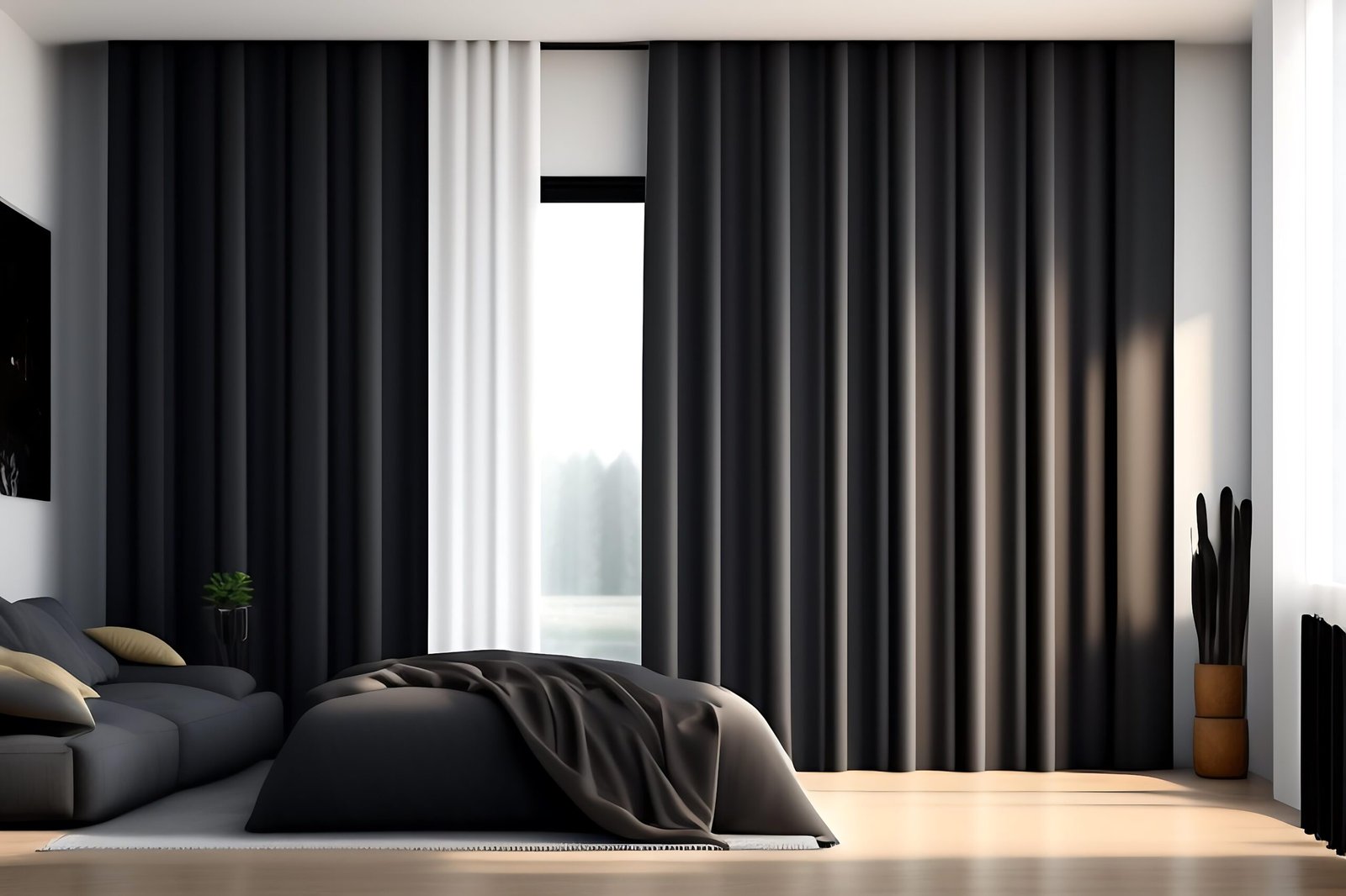 three-layers-black-side-curtain-gray-blackout-drapery-beige-fabric-drape-blank-gray-wall-base