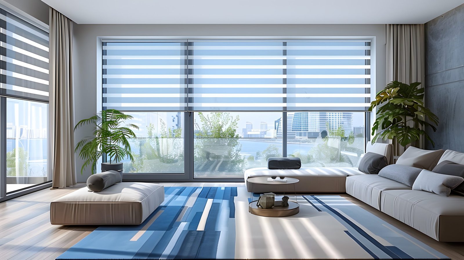 window-blinds-modern-living-room-with-blue-white-stripes-large-windows-with-sheer-shades